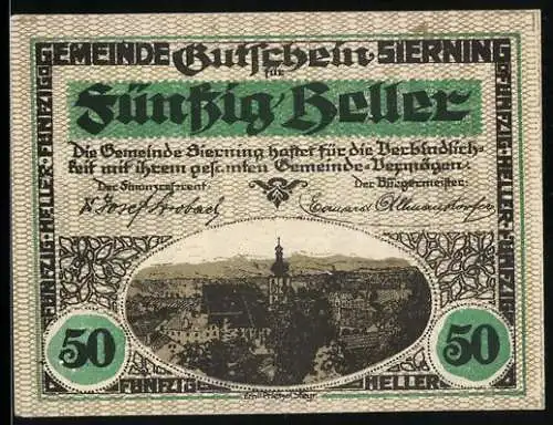 Notgeld Sierning 1920, 50 Heller, Stadtansicht und Bauern bei der Feldarbeit
