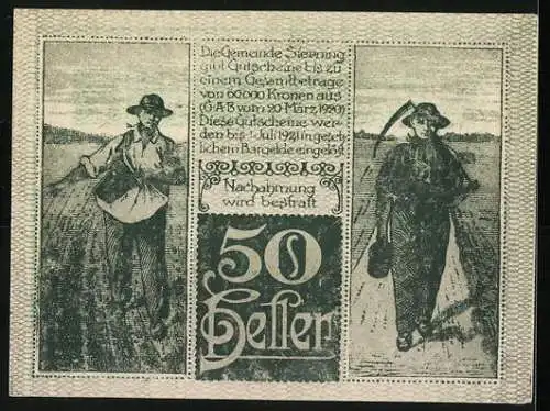 Notgeld Sierning 1920, 50 Heller, Stadtansicht und Bauern bei der Feldarbeit