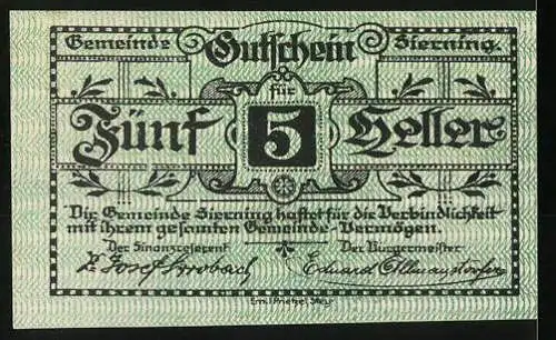 Notgeld Sierning 1920, 5 Heller, Arbeiter mit Hammer und Fabrik im Hintergrund