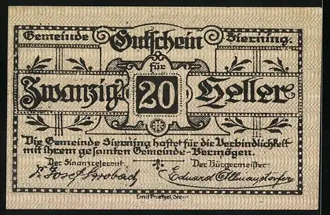 Notgeld Sierning 1920, 20 Heller, Bauer mit Feldmotiv, Gemeinde Gutschein