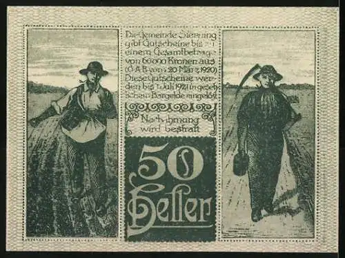 Notgeld Sierning 1920, 50 Heller, Stadtansicht und Landarbeiter-Motive