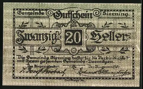 Notgeld Sierning 1920, 20 Heller, Bauer bei der Feldarbeit