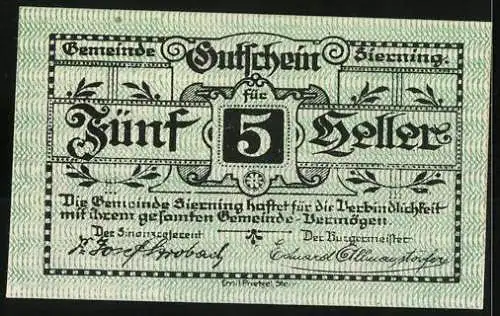 Notgeld Sierning 1920, 5 Heller, Schmied mit Hammer und Fabrik im Hintergrund