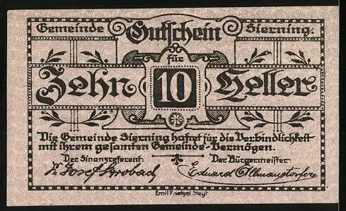 Notgeld Sierning 1920, 10 Heller, Schmied mit Fabrik und Verzierungen