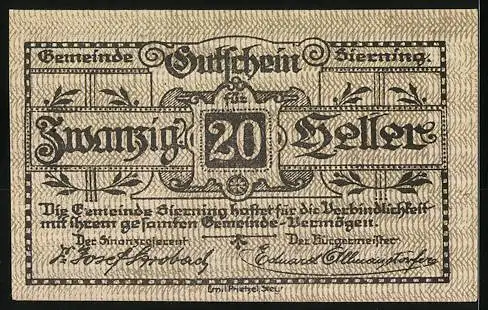 Notgeld Sierning 1920, 20 Heller, Bauer mit Hut auf dem Feld, dekoratives Textdesign