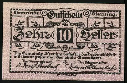 Notgeld Sierning 1920, 10 Heller, Schmied am Amboss, industrielle Landschaft