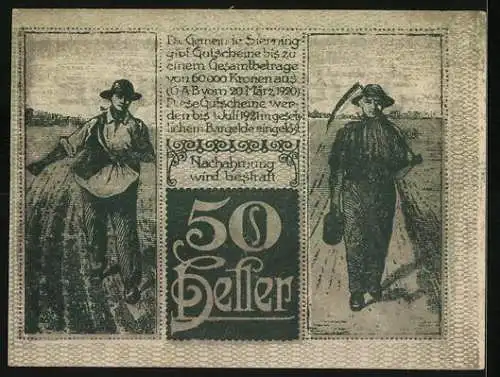 Notgeld Sierning 1920, 50 Heller, Stadtansicht und Bauern bei der Feldarbeit