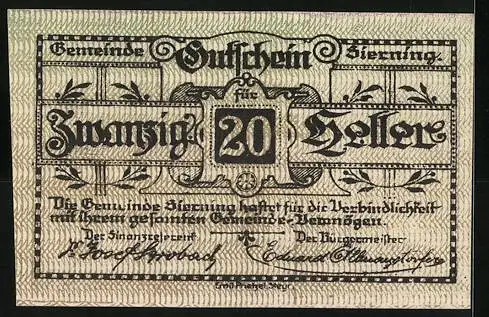 Notgeld Sierning 1920, 20 Heller, Landwirt mit Saat auf dem Feld, Seriennummer und florale Verzierungen