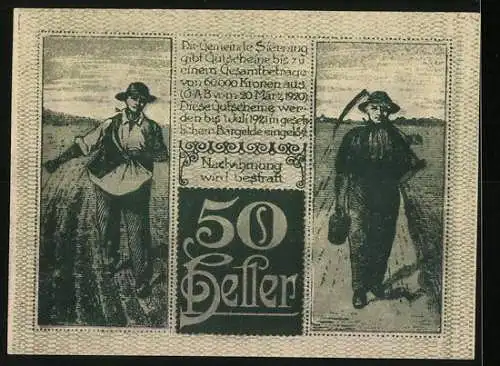 Notgeld Sierning 1920, 50 Heller, Stadtansicht und Bauern bei der Feldarbeit
