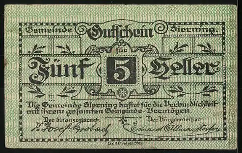 Notgeld Sierning 1920, 5 Heller, Bauer mit Sense und Pflanze, florale Muster