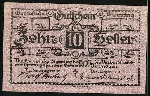 Notgeld Sierning 1920, 10 Heller, Schmiedemotiv und dekorative Schriftzüge