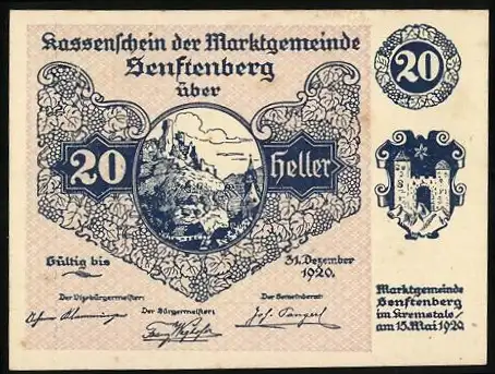 Notgeld Senftenberg 1920, 20 Heller, Burgruine-Motiv und Wappen, Serie V