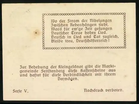 Notgeld Senftenberg 1920, 20 Heller, Burgruine-Motiv und Wappen, Serie V