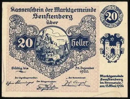 Notgeld Senftenberg 1920, 20 Heller, Burgruine und Wappen, Serie V