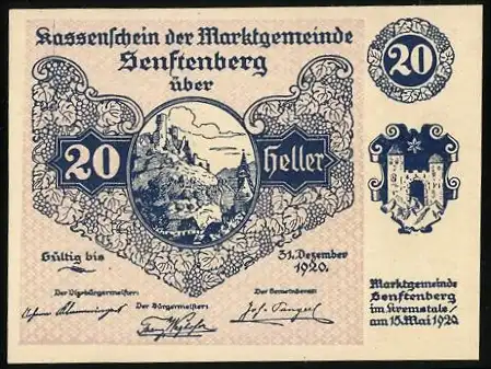 Notgeld Senftenberg 1920, 20 Heller, Burgmotiv und Wappen, Gültig bis 31. Dezember 1920