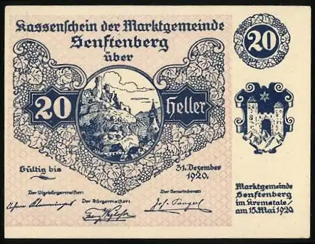 Notgeld Senftenberg 1920, 20 Heller, Burgansicht und Wappen, Serie V, gültig bis 31. Dezember 1920