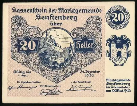 Notgeld Senftenberg 1920, 20 Heller, Burgruine mit Inschrift und Stadtwappen, Serie V