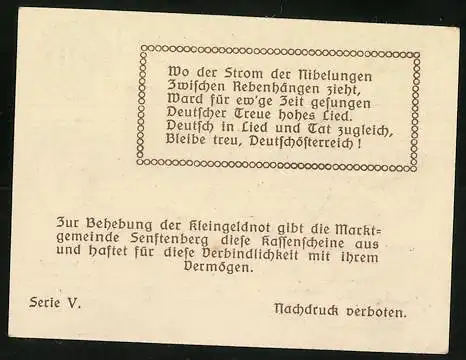 Notgeld Senftenberg 1920, 20 Heller, Burgruine mit Inschrift und Stadtwappen, Serie V