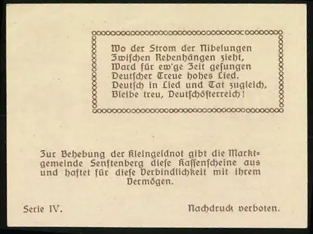 Notgeld Senftenberg 1920, 20 Heller, Burgansicht und Wappen, Serie IV