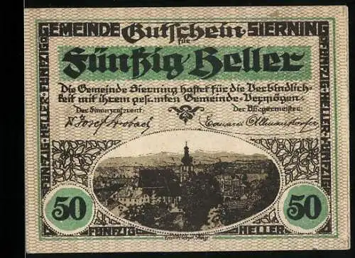 Notgeld Sierning, 50 Heller, Stadtansicht und Bauern bei der Feldarbeit