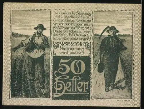 Notgeld Sierning, 50 Heller, Stadtansicht und Bauern bei der Feldarbeit