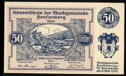 Notgeld Senftenberg 1920, 50 Heller, Burgruine und Landschaftsmotiv, Wappen und Text über deutsche Treue