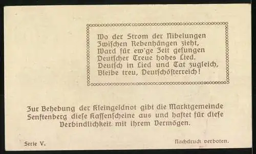 Notgeld Senftenberg 1920, 50 Heller, Burgruine und Landschaftsmotiv, Wappen und Text über deutsche Treue