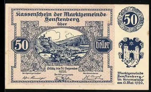 Notgeld Senftenberg 1920, 50 Heller, Burgruine und Stadtlandschaft, Wappen der Marktgemeinde, Serie V