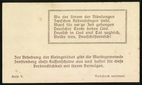 Notgeld Senftenberg 1920, 50 Heller, Burgruine und Stadtlandschaft, Wappen der Marktgemeinde, Serie V