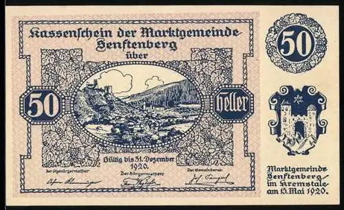 Notgeld Senftenberg 1920, 50 Heller, Burg und Talansicht mit Wappen, Serie V