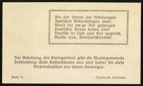 Notgeld Senftenberg 1920, 50 Heller, Burg und Talansicht mit Wappen, Serie V