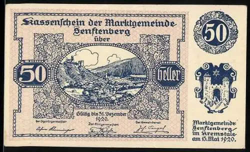 Notgeld Senftenberg 1920, 50 Heller, Burg und Talansicht, Wappen, Gedicht über Nibelungenstrom