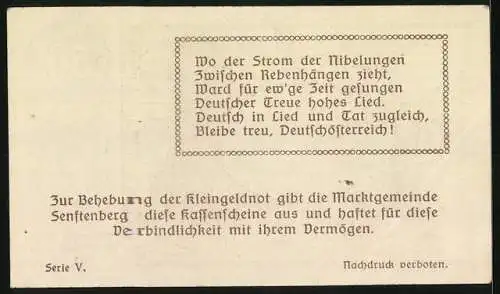 Notgeld Senftenberg 1920, 50 Heller, Burg und Talansicht, Wappen, Gedicht über Nibelungenstrom