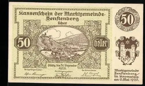 Notgeld Senftenberg 1920, 50 Heller, Burgruine und Landschaft mit Wappen und Gedicht