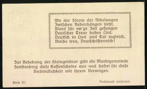 Notgeld Senftenberg 1920, 50 Heller, Burgruine und Landschaft mit Wappen und Gedicht