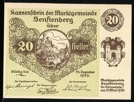 Notgeld Senftenberg 1920, 20 Heller, Burgruine mit Gedicht, Serie IV