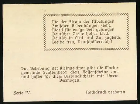 Notgeld Senftenberg 1920, 20 Heller, Burgruine mit Gedicht, Serie IV