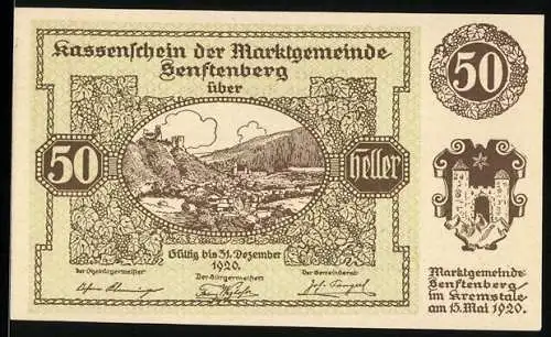 Notgeld Senftenberg 1920, 50 Heller, Burgruine und Wappen der Stadt Senftenberg, Serie IV