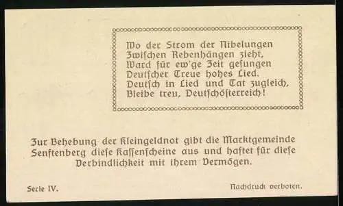 Notgeld Senftenberg 1920, 50 Heller, Burgruine und Wappen der Stadt Senftenberg, Serie IV