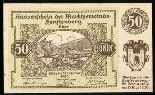 Notgeld Senftenberg 1920, 50 Heller, Landschaft mit Burg und Wappen