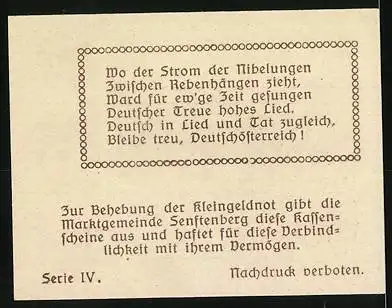 Notgeld Senftenberg 1920, 10 Heller, Landschaftsmotiv mit Gedicht, Serie IV