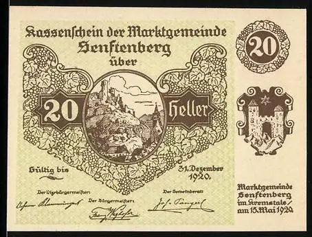 Notgeld Senftenberg 1920, 20 Heller, Burgmotiv und Wappen, Gültig bis 31. Dezember 1920