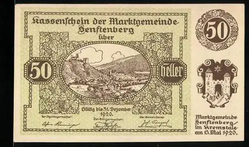 Notgeld Senftenberg 1920, 50 Heller, Stadtansicht mit Burgruine, Wappen mit Tor und Stern