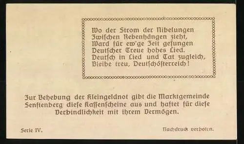 Notgeld Senftenberg 1920, 50 Heller, Stadtansicht mit Burgruine, Wappen mit Tor und Stern