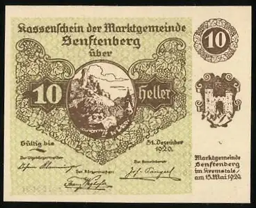 Notgeld Senftenberg 1920, 10 Heller, Berglandschaft und Wappen, Serie IV