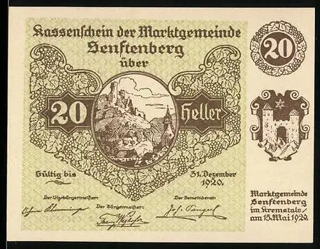 Notgeld Senftenberg 1920, 20 Heller, Burgruine und Stadtwappen, Serie IV