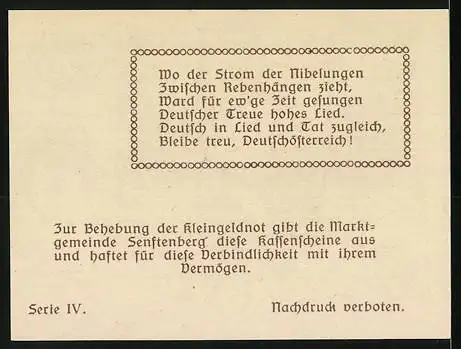 Notgeld Senftenberg 1920, 20 Heller, Burgruine und Stadtwappen, Serie IV