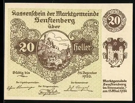 Notgeld Senftenberg 1920, 20 Heller, Burgruine mit Wappen und Gedicht, gültig bis 31. Dezember 1920