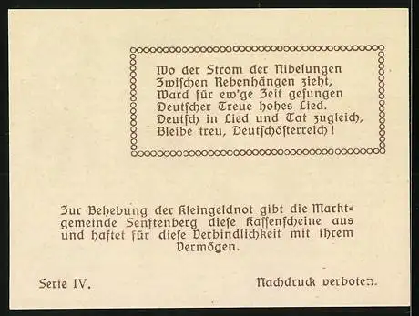 Notgeld Senftenberg 1920, 20 Heller, Burgruine mit Wappen und Gedicht, gültig bis 31. Dezember 1920