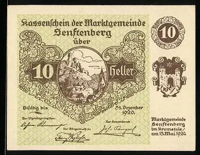 Notgeld Senftenberg 1920, 10 Heller, Burgruine-Motiv, Wappen, Serie IV